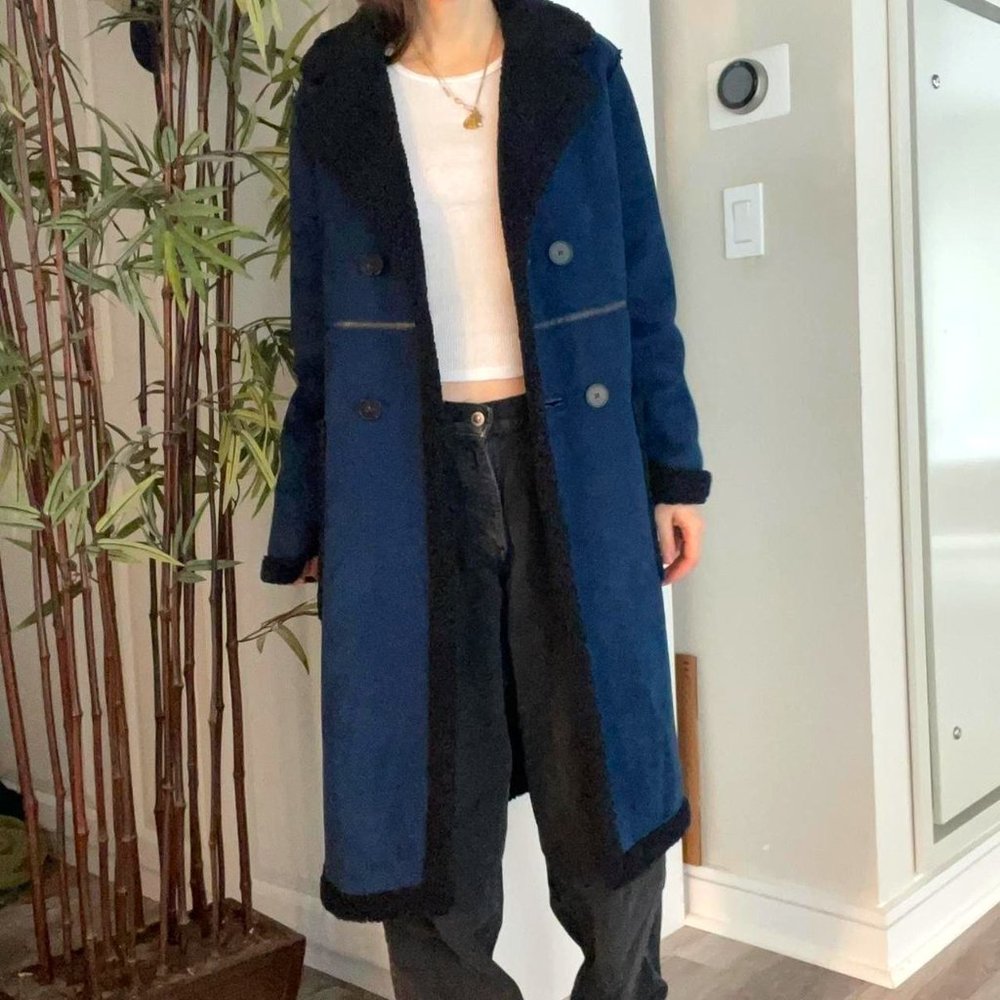 Zara Navy Blue Suede & Black Sherpa Double Breasted long coat - XS